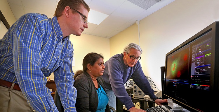 University of South Alabama graduate student Naga Annamdevula (center), and her mentors Dr. Silas Leavesley (left) and Dr. Thomas Rich use the confocal laser microscope in the bioimaging facility at the USA College of Medicine.