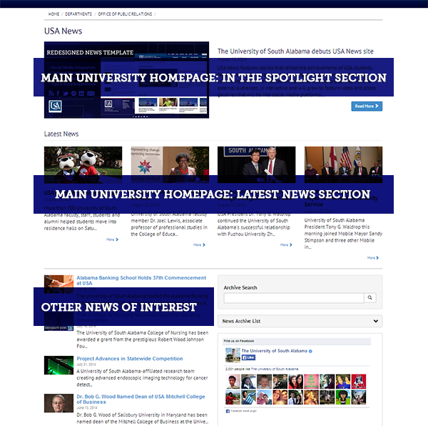 University News homepage explained. The top five stories on the site will mirror the stories on USA’s homepage. 