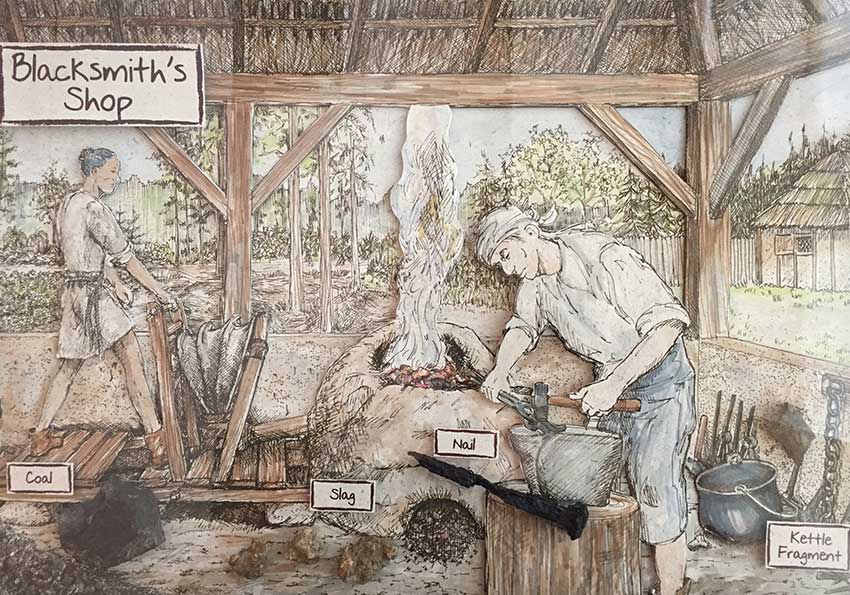 man working in Blacksmith's shop -- items labeled include coal, slag, nail, and kettle fragment