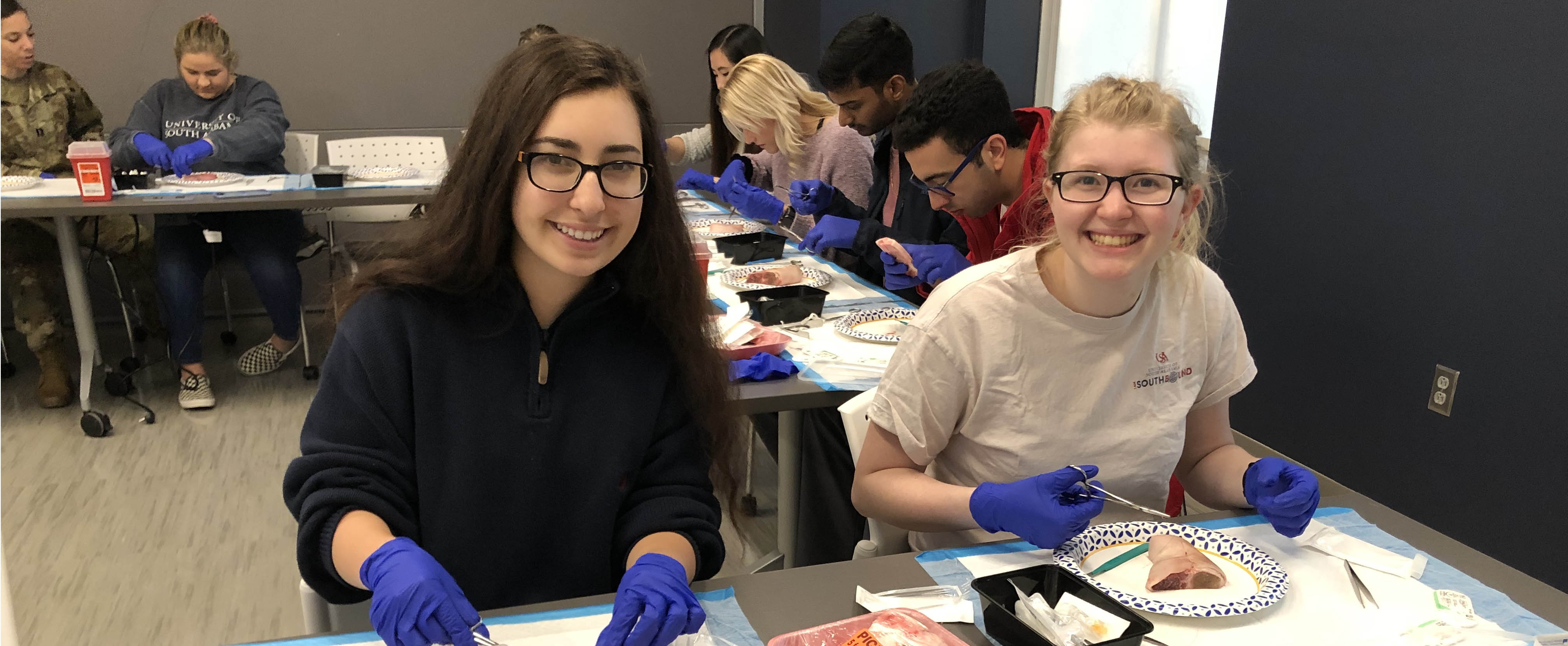 AED 2019-2020 members working on their sutures at our spring 2020 suturing clinic