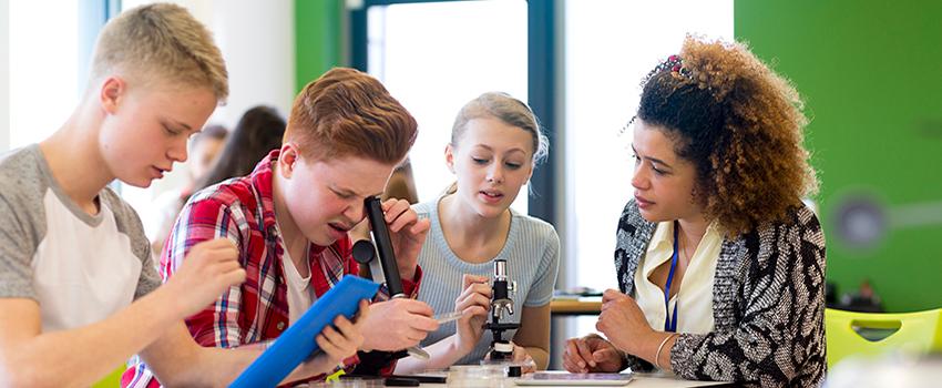 Four people working together in a lab