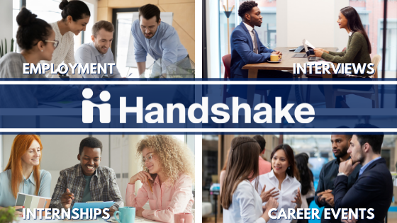 Handshake logo plus options covered: employment, interviews, internships, and career events
