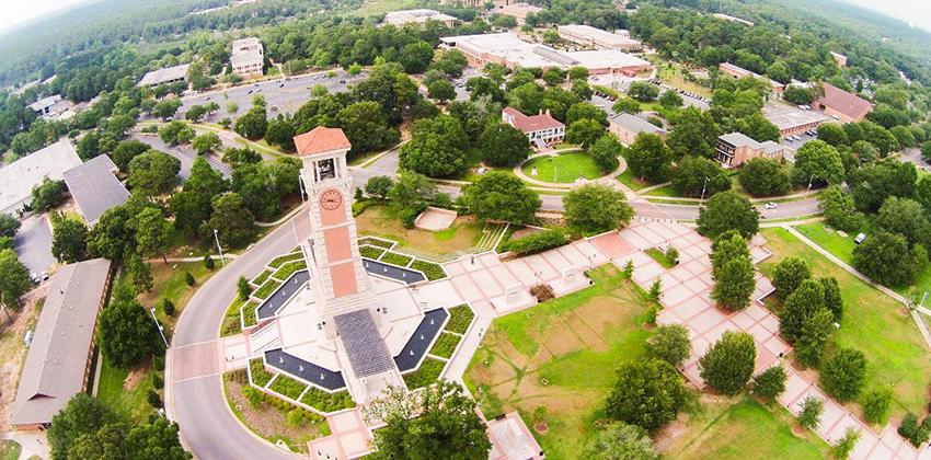 Arial shot of campus with tower