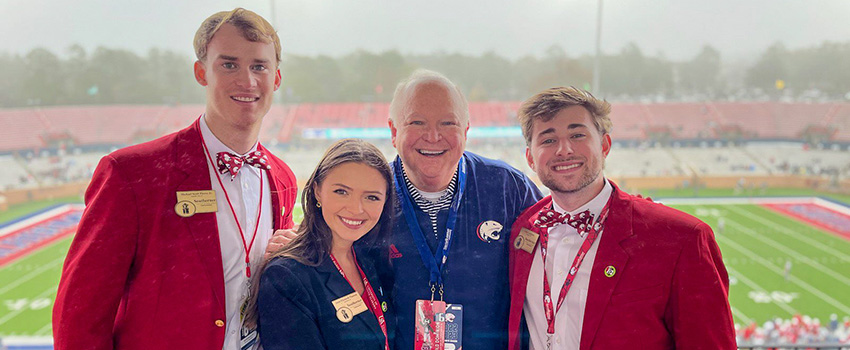 (left to right: Southerners Michael Pierce, Anne Elizabeth Thaxton, USA President Jo Bonner, Luke Langlinais) pictured Game Dat at hancock whitnet Stadium, November 26, 2022
