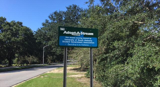 Adopt-A-Stream sign placed near the entrance to the Glenn Sebastian Nature Trail