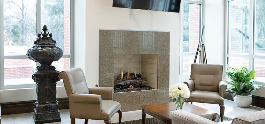 Inside fireplace with sitting area