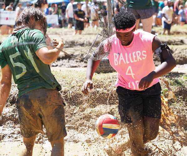 Two students facing off during oozeball.