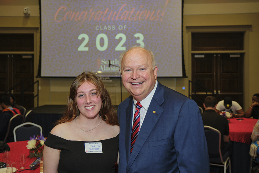 South Alabama President Jo Bonner taking a Picture with future South Alabama Alumni