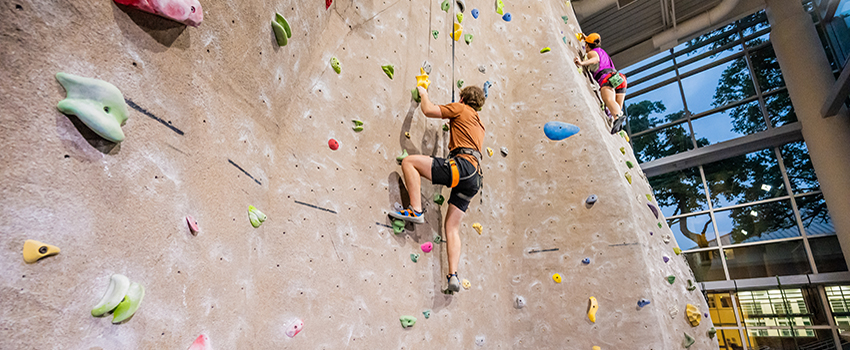 Two students climbing the rock wall.