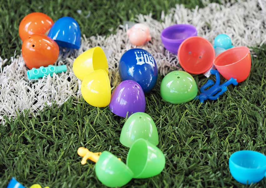 colorful plastic eggs on the grass