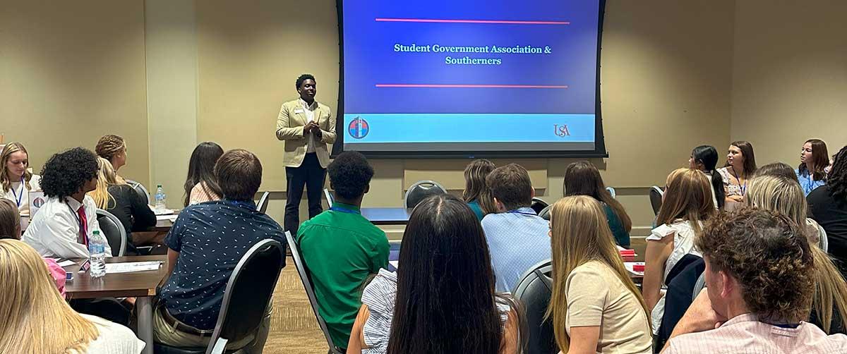 Students hearing from the Student Government Association and Southerners Association