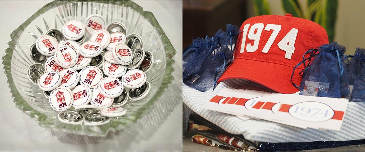 1974 buttons and hat
