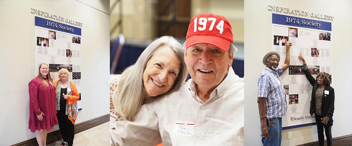 A collage of alumni with images of alumni in front of 1974 society images on the wall.