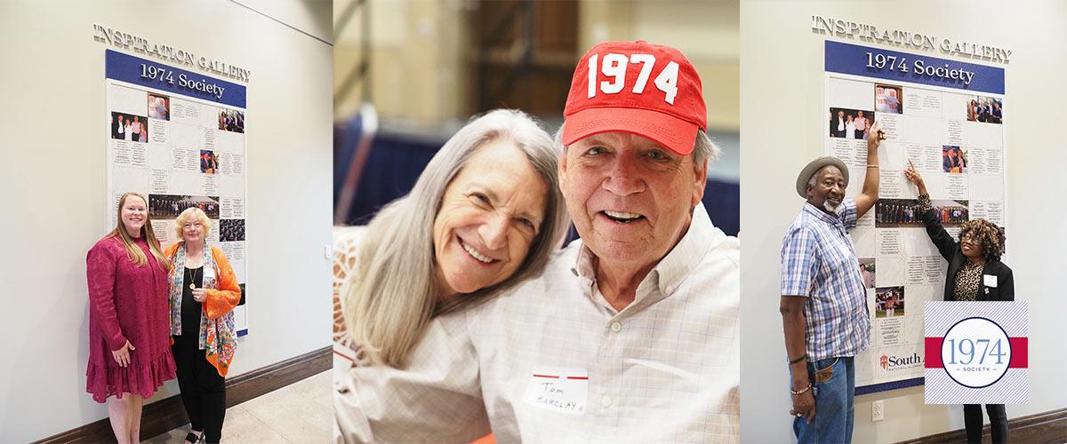 A collage of alumni with images of alumni in front of 1974 society images on the wall.