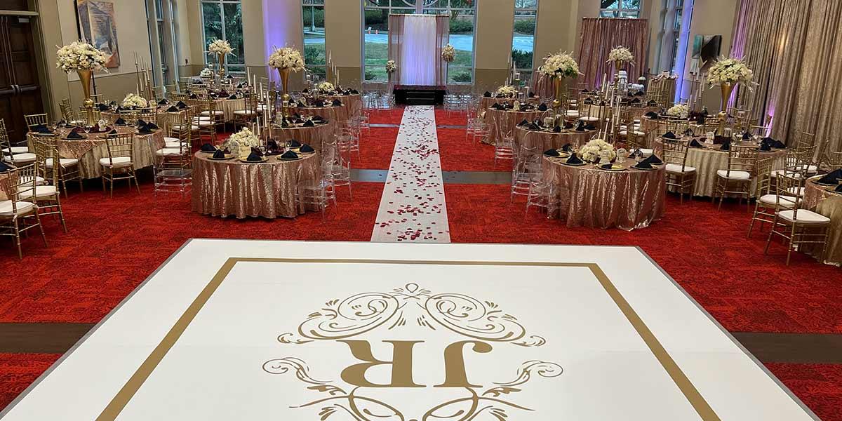 Tables set leading to altar