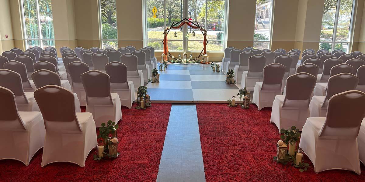 Row of chairs leading to altar