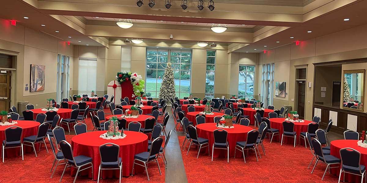 Ballroom set for Christmas banquet 