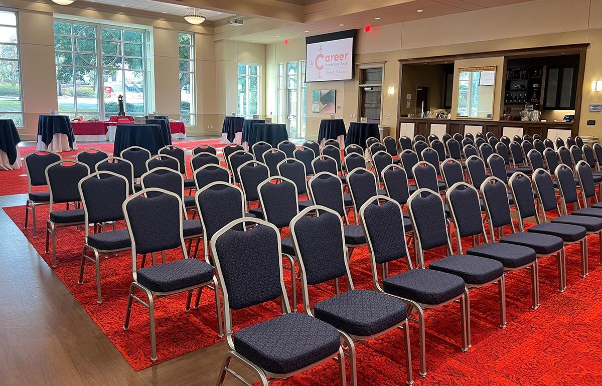 Chairs lined up in ballroom