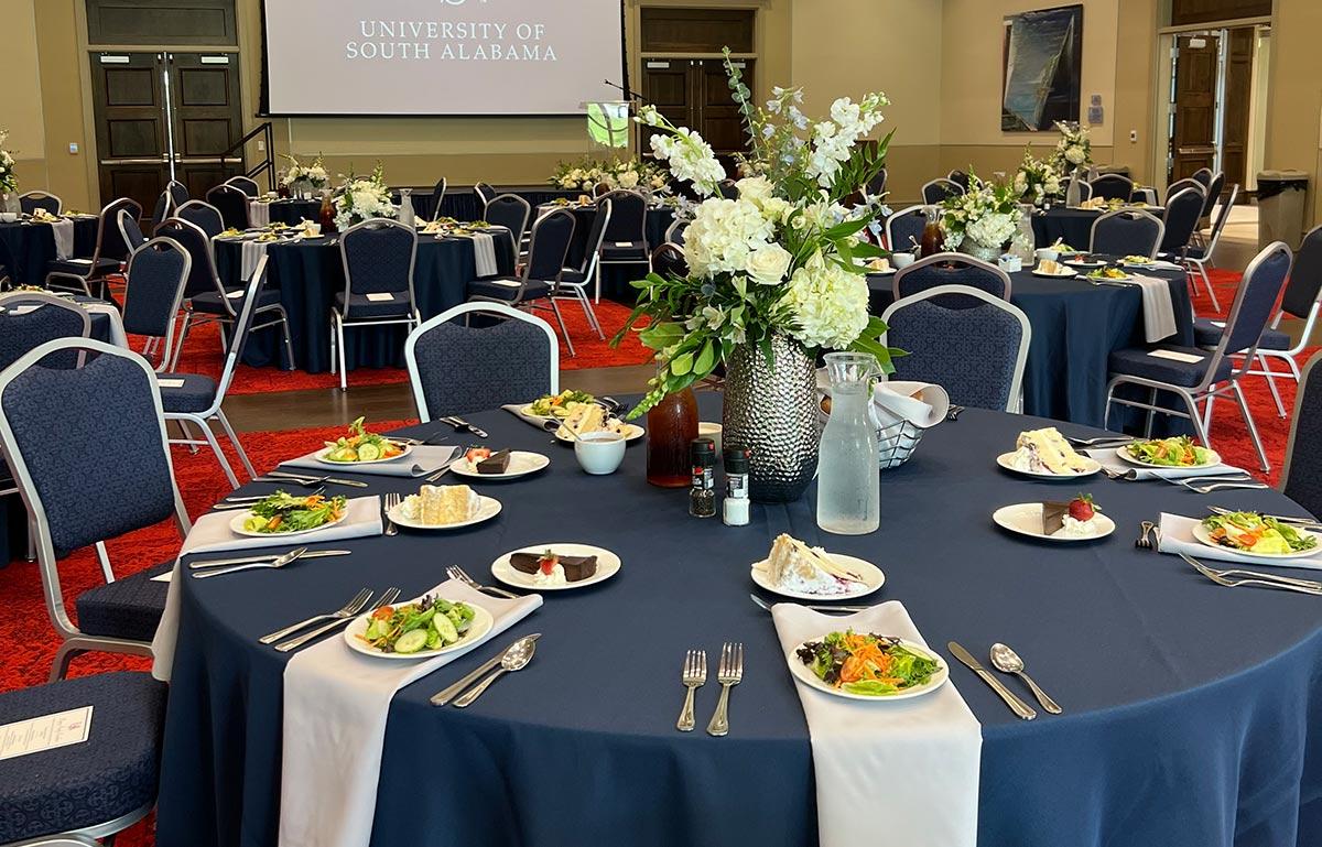 Tables set up with food