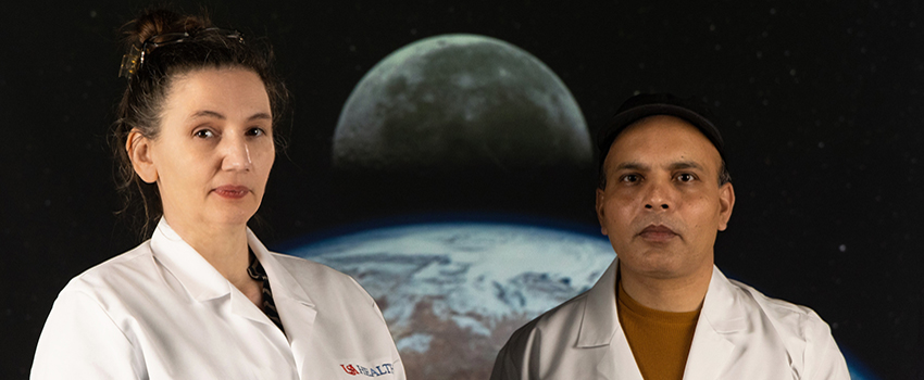 Marie Migaud, Ph.D. and Faisal Hayat, Ph.D. will test means to reduce cellular and tissue damage in space travelers. 