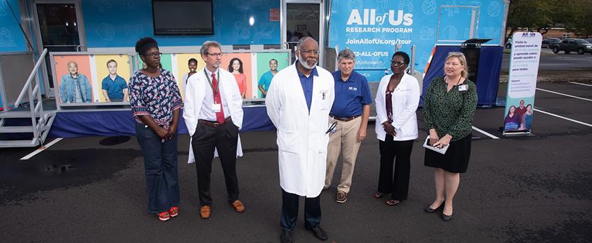 Dr. Errol Crook, center, professor and Abraham Mitchell Chair of Internal Medicine at the University of South Alabama College of Medicine, director of the USA Center for Healthy Communities, and principal investigator for the All of Us Research Program at USA, speaks at the news conference. 