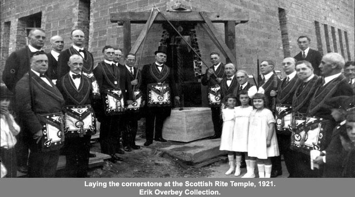 Laying the cornerstone at the Scottish Rite Temple, 1921