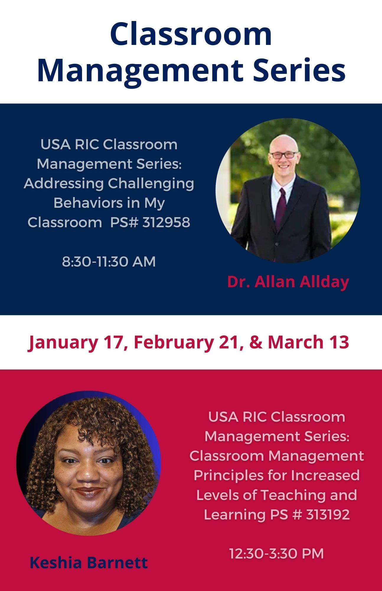 Flier for the Classroom Managment Series featuring photos of Dr. Allan Allday and Ms. Keshia Barnett with their respective course titles.