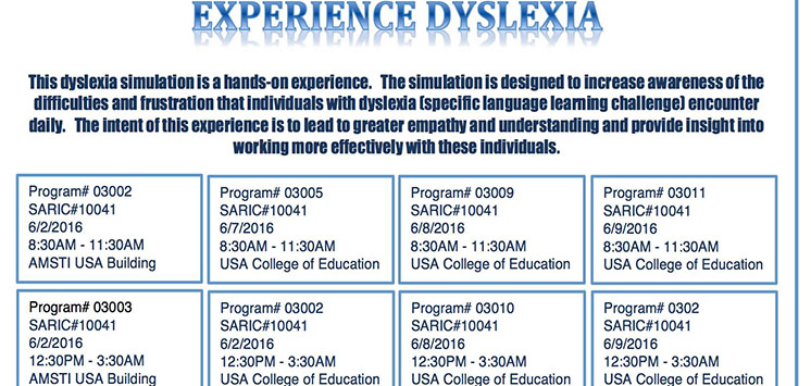 graphic for experience dyslexia with schedule of sessions