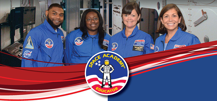 Three female and one male educator in space academy uniform