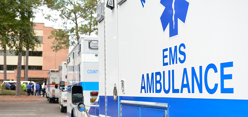 Image of ambulances outside the EOB building.