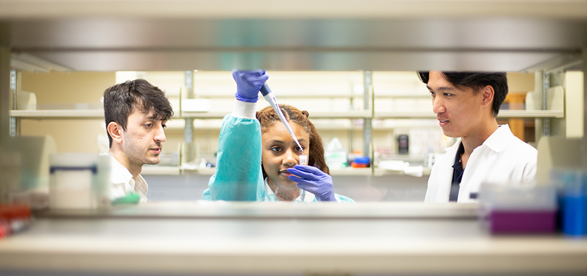 Three students working in the lab with one holding a dropper.