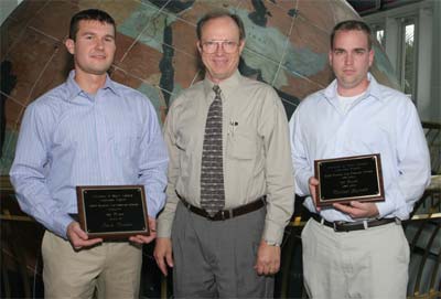 Dr. Keith Blackwell (c) presents the Top Forecaster Award for 2005 to Adam Duncan (l) and Michael Burnett (r) after both finished in a tie.