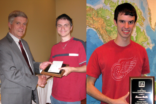 Dr. Bill Williams awards endowment scholarship to Logan Poole (l) and Thomas Battle with award (r).