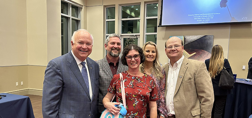 Pictured left to right: University of South Alabama President Jo Bonner; award-winning environmental journalist, documentarian and author Ben Raines with his wife Shannon; Executive Vice President and Provost Dr. Andi Kent; and Professor and Director of the School of Marine and Environmental Sciences Dr. Sean Powers.  data-lightbox='featured'