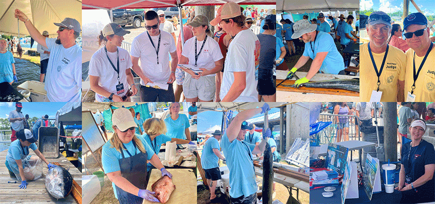 Collage of images of students and professors at fishing rodeo.