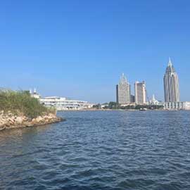 Image of Downtown Mobile with the bay in front of it.
