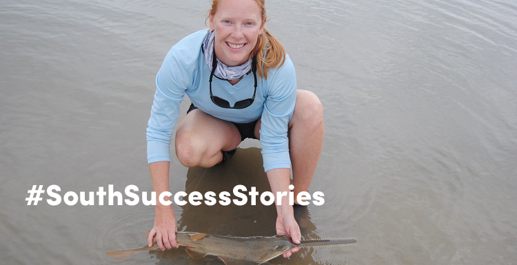 Dr. Andrea Kroetz with a smalltooth sawfish, a species whose population has declined as a result of fishing mortality. The fish is found today mainly in south Florida and the Bahamas. Photo courtesy NOAA Fisheries Service. Homepage photo courtesy Desirée Gardner Photography.