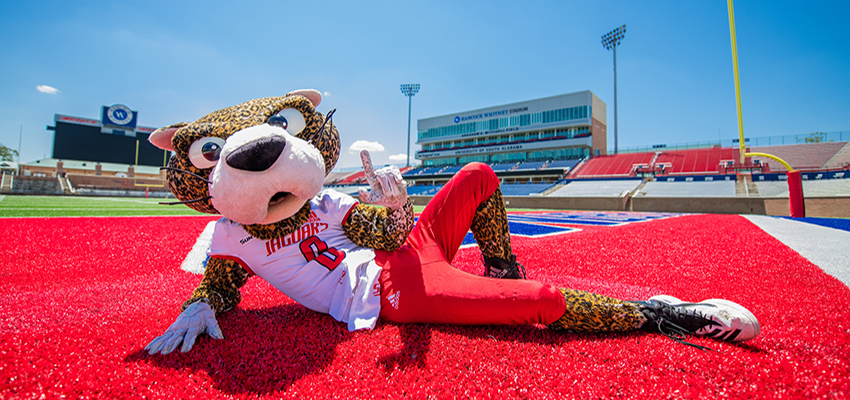 Southpaw on the Hancock Whitney football field.