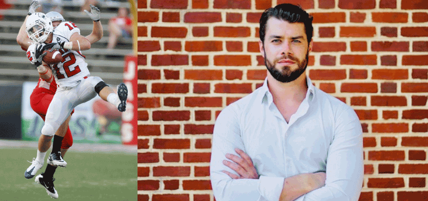 Tim Harvey in front of wall and on football field.