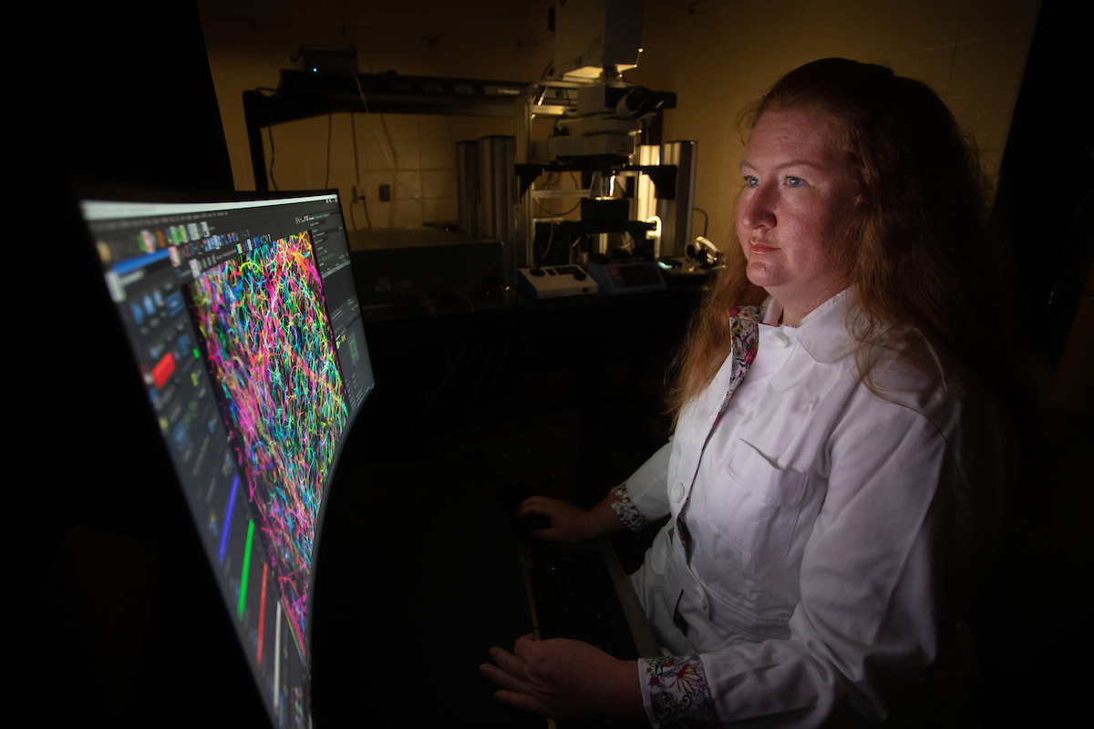Photo of Dr. Amy Nelson in the lab working on a computer