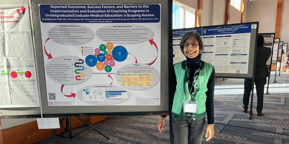 Binata Mukherjee, M.D., MBA, assistant dean for faculty and professional development at the Whiddon College of Medicine, presented a poster at the 16th annual Coaching in Leadership & Healthcare Conference 2026.