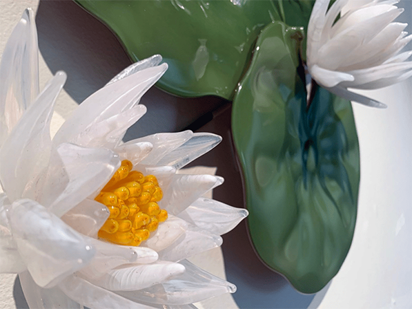 Blown glass lilypads and lotus flowers