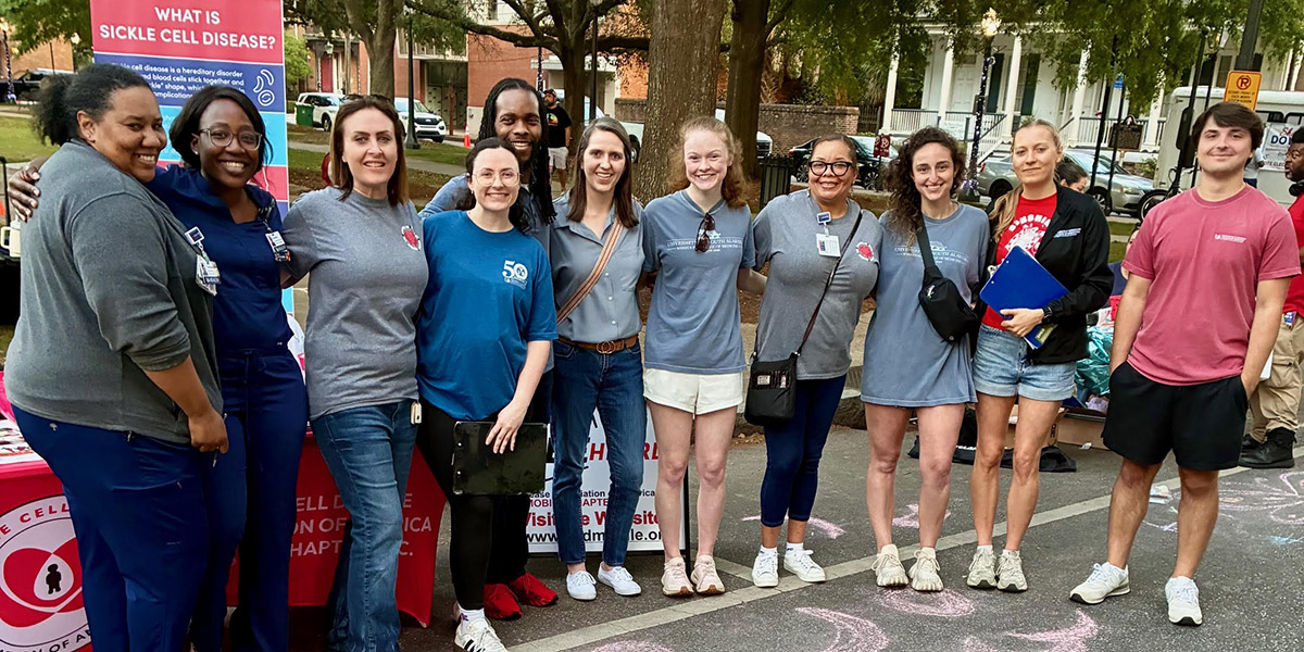 Members of the Whiddon College of Medicine community gathered in downtown Mobile on April 10 to pedal for a purpose during the city&rsquo;s monthly ArtWalk. The event focused on raising community awareness for sickle cell disease.