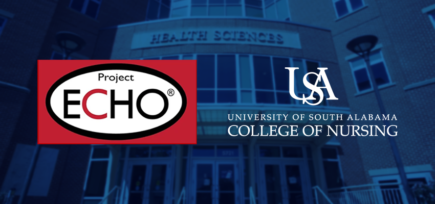 Project ECHO logo with USA College of Nursing logo overlaying image of Health Sciences building. data-lightbox='featured'