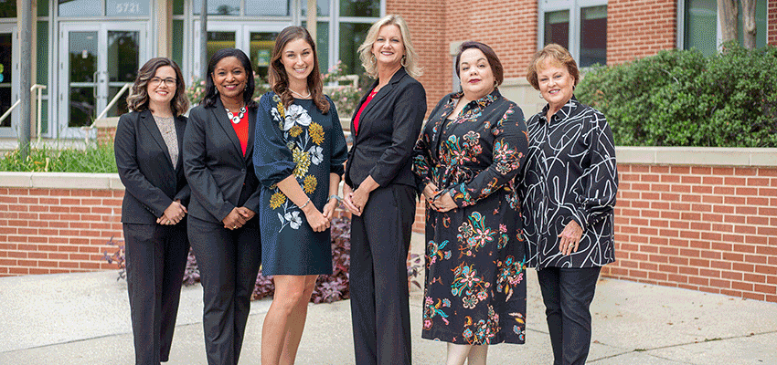 The University of South Alabama College of Nursing was awarded a three-year  $1.3 million grant from the Health Resources and Services Administration. The team collaborating on this grant are from left Drs. Candace Selwyn, Anjanetta Davis, Ashleigh Bowman, Lori Prewitt Moore, Rebecca Thomas and Joyce Pittman. Also supporting this new grant project is Brady Urquhart. data-lightbox='featured'