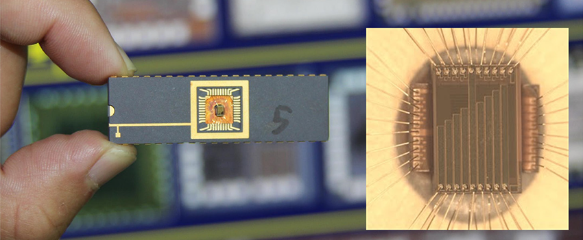 A Three-Dimensional Integrated Circuit (3D IC) Chip. High speed digital functions are located on each layer and Inter-layer communication is realized using bonding wires—Designed by a Computer Engineering Faculty with research students.