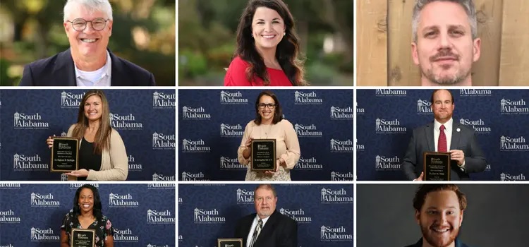 The University of South Alabama National Alumni Association presented its Faculty Excellence Awards and Young Alumni Award during its annual membership meeting on Aug. 26. Five USA faculty members were recognized for their achievements as well as one young alumnus. Additionally, three alumni were elected as new members of the National Alumni Association Board of Directors.