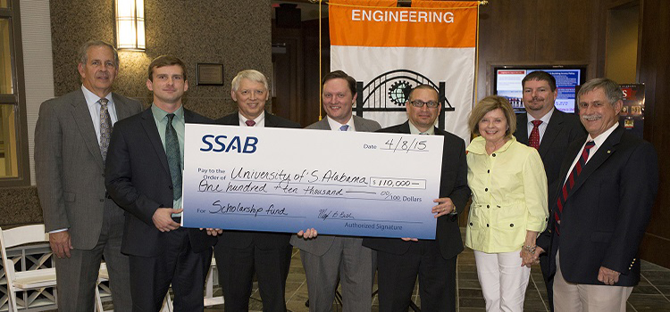 Present for the announcement are, from left, Mark Hoffman, Mitchell-Moulton Scholarship Initiative campaign chair; Matt Hancock, 2015-2016 SSAB Scholarship recipient; Dr. Tony Waldrop, University president; Joshua Cogswell, director, University Development; Mark Bush, general manager, SSAB Mobile Operations; Geri Moulton, Mitchell-Moulton Scholarship Initiative honorary co-chair; Greg Scott, Human Resources director, SSAB Mobile Operations; and Dr. John Steadman, College of Engineering dean.