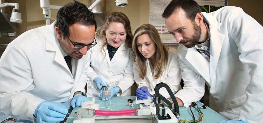 Dr. Saami Yazdani, associate professor of mechanical engineering, feeds a balloon catheter through a pig artery with, from left, Claire Cawthon and Kathryn Cooper, gap-year research assistants, and mechanical engineering major Clifton Huett at Yazdani's lab in the College of Engineering.