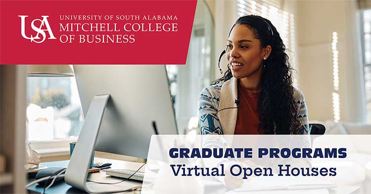 Student on computer in room with text Graduate Programs Virtual Open Houses.